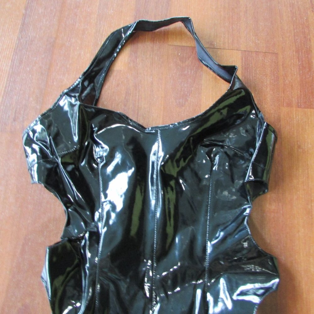 Black Patent Shiny Vinyl Cutout Sides Catsuit - Halloween - Picture 8 of 8